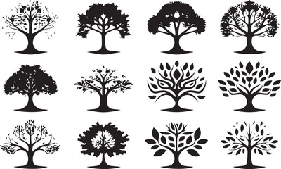 Set of Trees Black Silhouettes isolated on white background