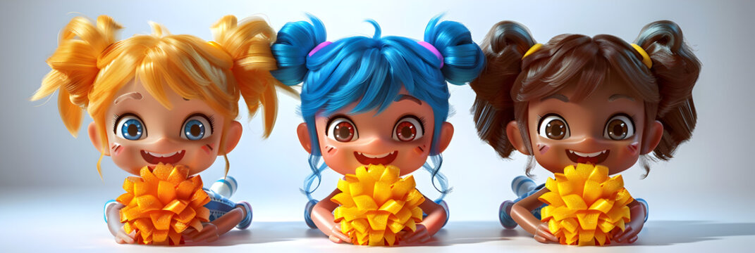 A 3D animated cartoon render of excited young cheerleaders cheering together.