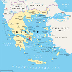 Greece, the Hellenic Republic, political map. Country in Southeast Europe on the southern tip of the Balkan peninsula, with capital Athens. Bordered by the Aegean, Ionian, and the Mediterranean Sea. - obrazy, fototapety, plakaty