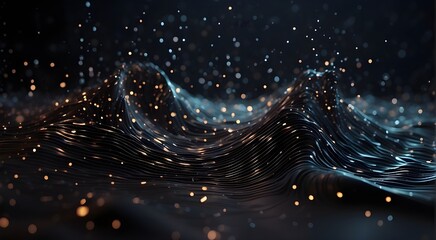 Attempt to mimic an abstract wave on a black backdrop. Big data. A brilliant, abstract brilliance in a dark setting. rendering in three dimensions. Abstract space rain and the arrangement of particles