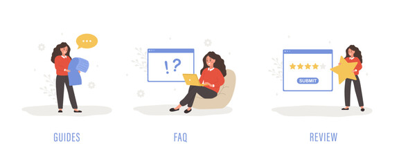 Customer support. Female characters ask questions, read instructions and leave feedback. FAQ concept. Online help service. Set of vector illustration in flat cartoon style.
