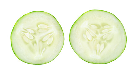 Top view set of green cucumber slices or pieces isolated with clipping path in png file format
