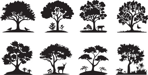 Set of Trees Black Silhouettes isolated on white background