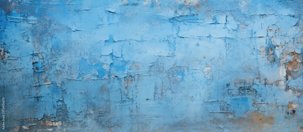 Wall mural This painting depicts a textured wall covered in worn, peeling blue paint. The rough surface of the wall adds depth and character to the overall image.