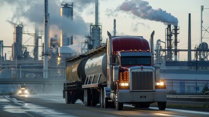 A truck loaded with biofuel leaving the plant ready to be shipped to gas stations and used in vehicles as a more environmentally friendly alternative to fossil fuels.