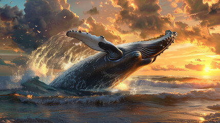 A majestic humpback whale breaching against a dramatic sunset 