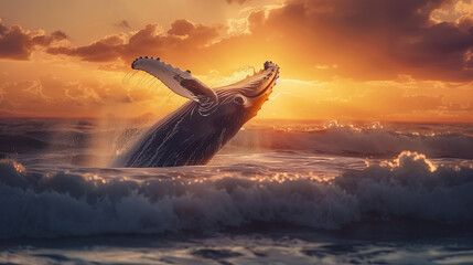 A majestic humpback whale breaching against a dramatic sunset