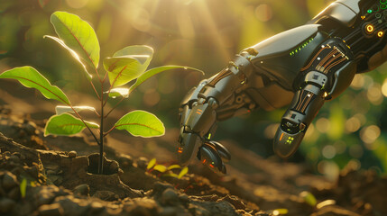 A robotic hand delicately planting a sapling