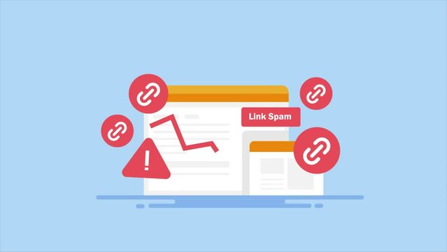 Website link spam manipulating organic search engine result page, negative SEO impact on website search ranking video animation concept.