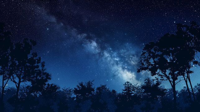 A beautiful night sky  the Milky Way and the trees shot from under 