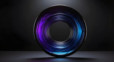 a black backdrop with an abstract item in shades of blue and purple, with the object's reflection in the center of the picture. Shaped like a circle