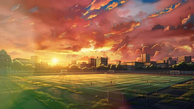 Cute cartoon-style anime football field at sunset, with players bathed in golden light