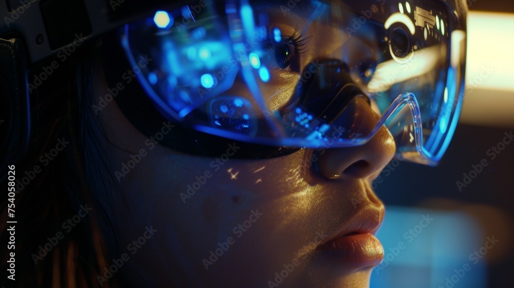 Poster closeup of a students face illuminated by the reflection of a virtual reality headset. through this 
