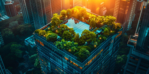 Extreme Angle Shot of a Skyscraper s Green Rooftop Garden,