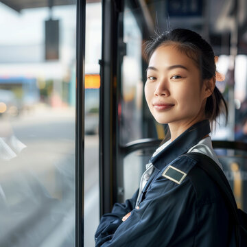 Portrait of confident professional female bus driver at the station Asian American.