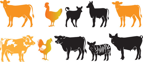Black silhouettes of farm animals on white background