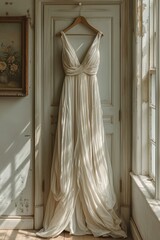 Wedding dress hanging in vintage room. AI Generated.