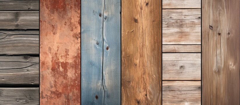 A collection of wooden planks with different colors and textures are arranged together, showcasing a vintage and rustic charm. The old, worn appearance adds character to the wall, creating a unique