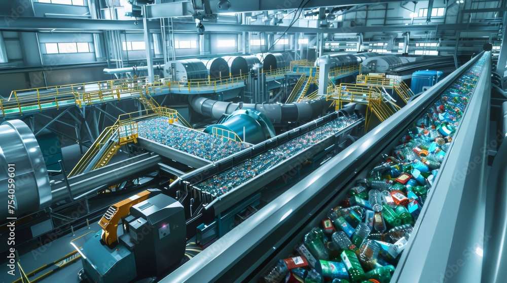 Poster a futuristic recycling plant utilizing robotics and automation to sort clean and process recyclables
