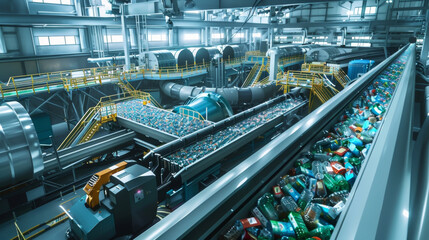 A futuristic recycling plant utilizing robotics and automation to sort clean and process recyclables at high speeds in a smart city.