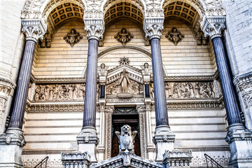 Fototapeta premium Entrance Stone Lion Basilica Notre Dame de Fourviere Lyon France