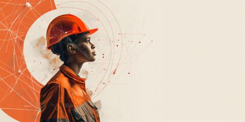 Industrial engineer  woman wearing a helmet  on abstract background. Banner.