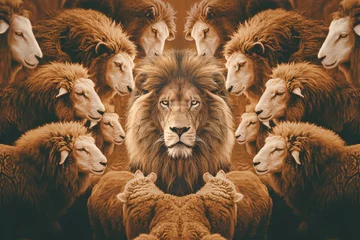 Foto op Plexiglas Sheeps with a lion leadership. A modern collage. © bit24