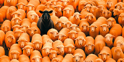 The blak sheep on orange sheeps background. An optimistic concept. - obrazy, fototapety, plakaty