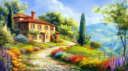 Italian landscape with country side and colorful flowers, Oil paintig banner