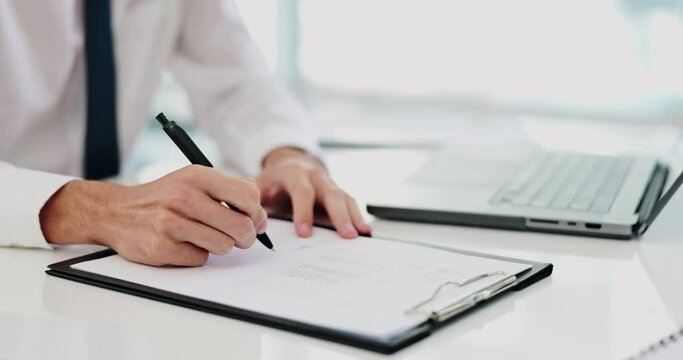 Writing, hands and laptop with business man with schedule, calendar and administration paperwork. Office, employee and planner with notes and technology at a company with notebook and summary