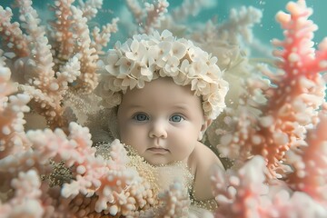 Amidst a backdrop of soft coral, the most adorable baby wears a tiny flower crown, creating a scene...