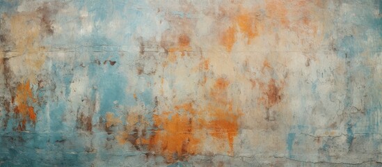 This abstract painting showcases vibrant orange and tranquil blue colors blending in a captivating display of artistic expression. The colors are layered in a vintage charm, inviting viewers to
