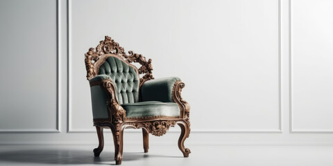 Green Velvet Armchair in White Interior in Classic Style. Luxury Green Chair in Royal style in White Room, copy space	