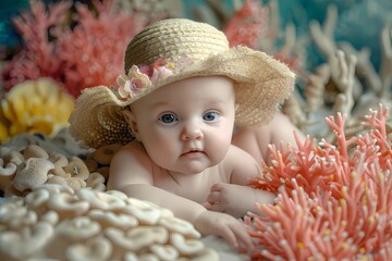 Amidst a backdrop of soft coral, the most endearing little baby dons a tiny sun hat, creating a...