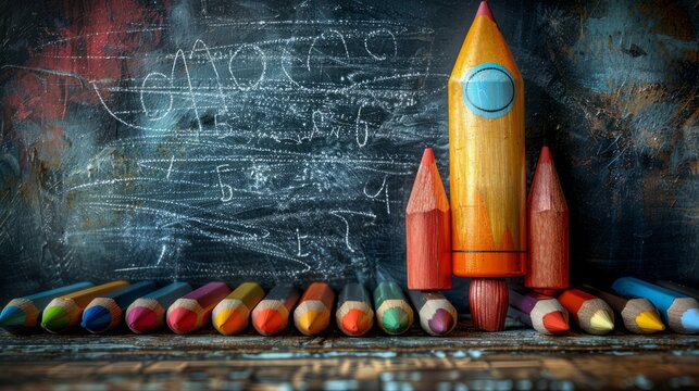 Back to school concept with rocket made of pencils, concept creative