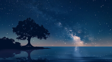 Landscape with Milky way galaxy. Night sky with stars and silhouette mangrove tree in sea.
