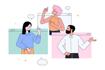 Video conference call of a business group meeting. Remote work. Work from Home, Online webinar. Social distancing. Online technology concept vector illustration.