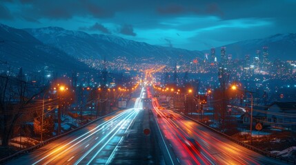 Long exposure of a road with blue and red and orange