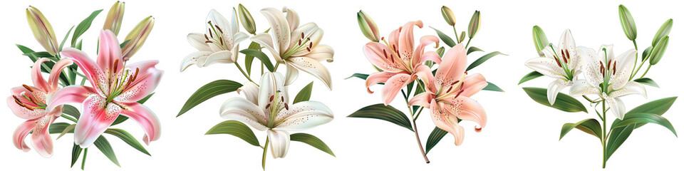 Elegant blooming lilies with buds  Hyperrealistic Highly Detailed Isolated On Transparent Background Png File - obrazy, fototapety, plakaty