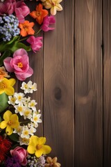 Floral arrangement with orchids, roses and carnations on wooden background, copy space.