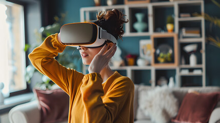 A woman is enjoying a virtual reality experience in the comfort of her living room with a helmet on, having a fun and immersive time - obrazy, fototapety, plakaty