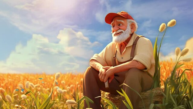 Elderly anime farmer surveys a bountiful field, leaning on a hoe, in whimsical cartoon style