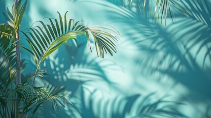 Fototapeta na wymiar An abstract background for spring and summer with a light blue wall and a hazy shadow created by palm leaves.