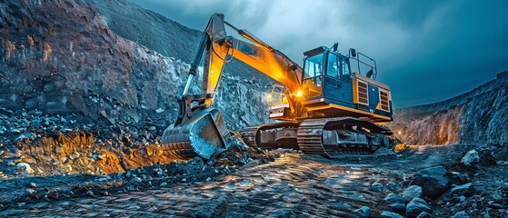 During the night shift, large mining and construction equipment fills a stockpile bucket. close-up with a picture of copy space. Location for text or design additions - obrazy, fototapety, plakaty