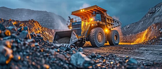 During the night shift, heavy gear for mining and construction is filling a stockpile bucket. with...