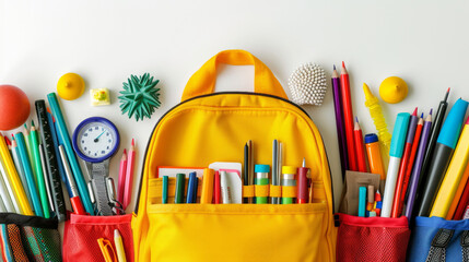 back to school open school bag with school Education. School Supplies and Stationery on White Background banner