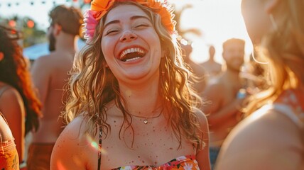 An image of a voluptuous, overweight white woman laughing during a beach party. - obrazy, fototapety, plakaty