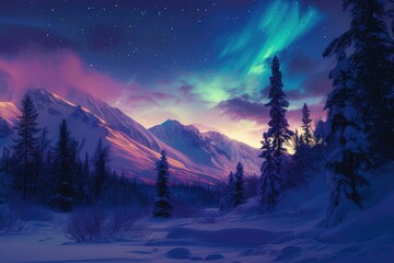 Nestled in the middle of the mountains, the amazing grandeur of the Aurora Borealis above a frozen...