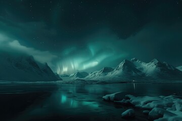 The breathtaking beauty of the Aurora Borealis above a frozen winter wonderland, nestled in the heart of the mountains. 8k