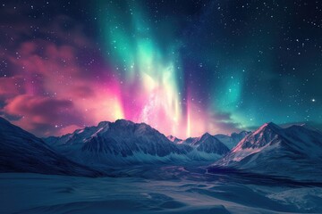 The Aurora Borealis, in a dance of light and color, over a pristine winter mountain scene, under the gaze of countless stars. 8k - obrazy, fototapety, plakaty